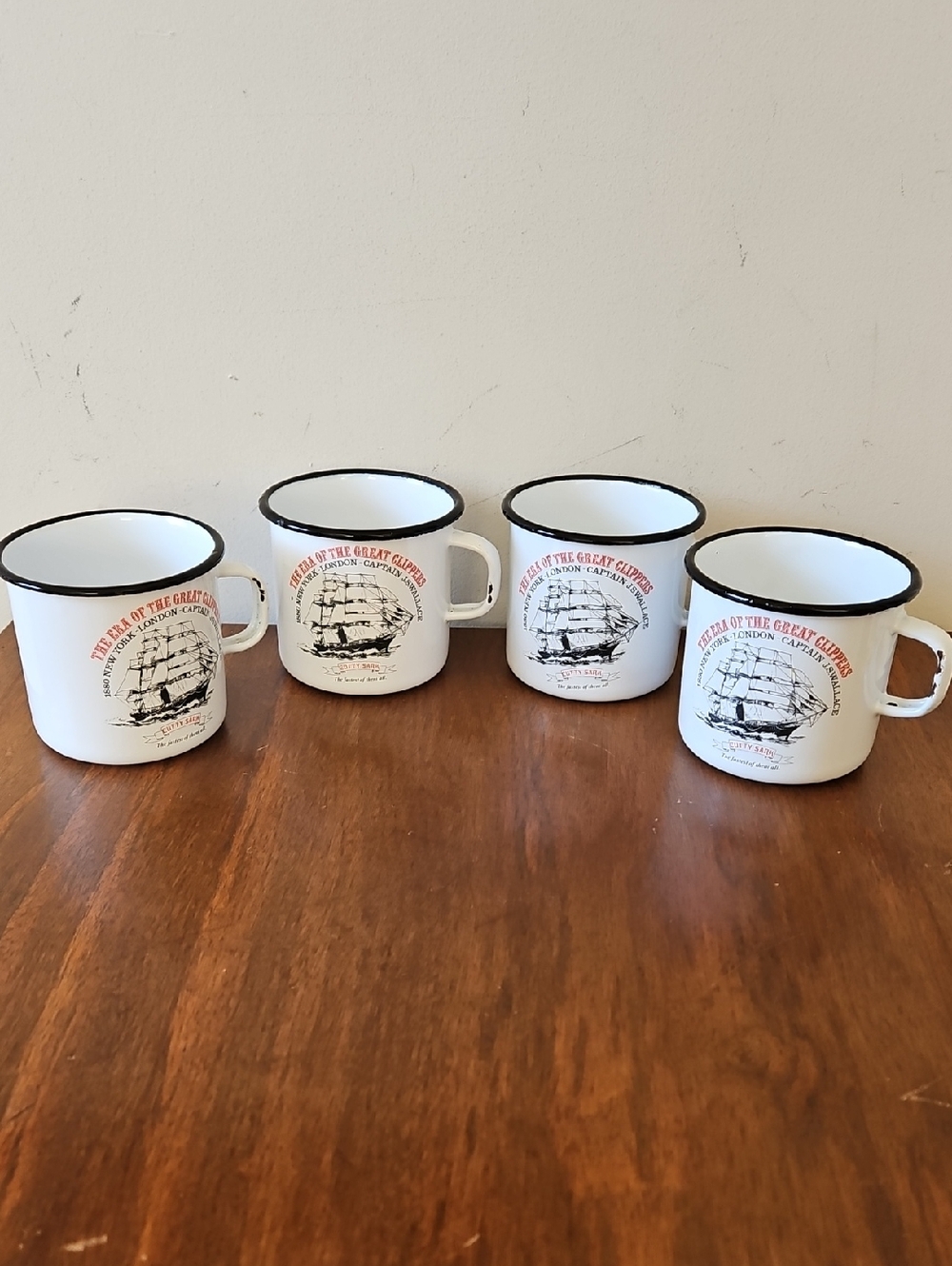 Vintage Cutty Sark Clipper Ship Nautical Metal Enamel Mugs Set of Four
